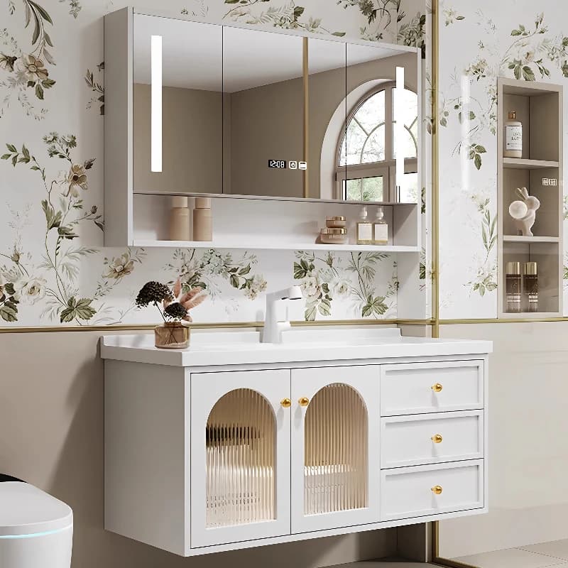 Mobile Bagno con Cassetti, Specchio Integrato, Lavabo e Organizer Moderno - Arredo Bagno