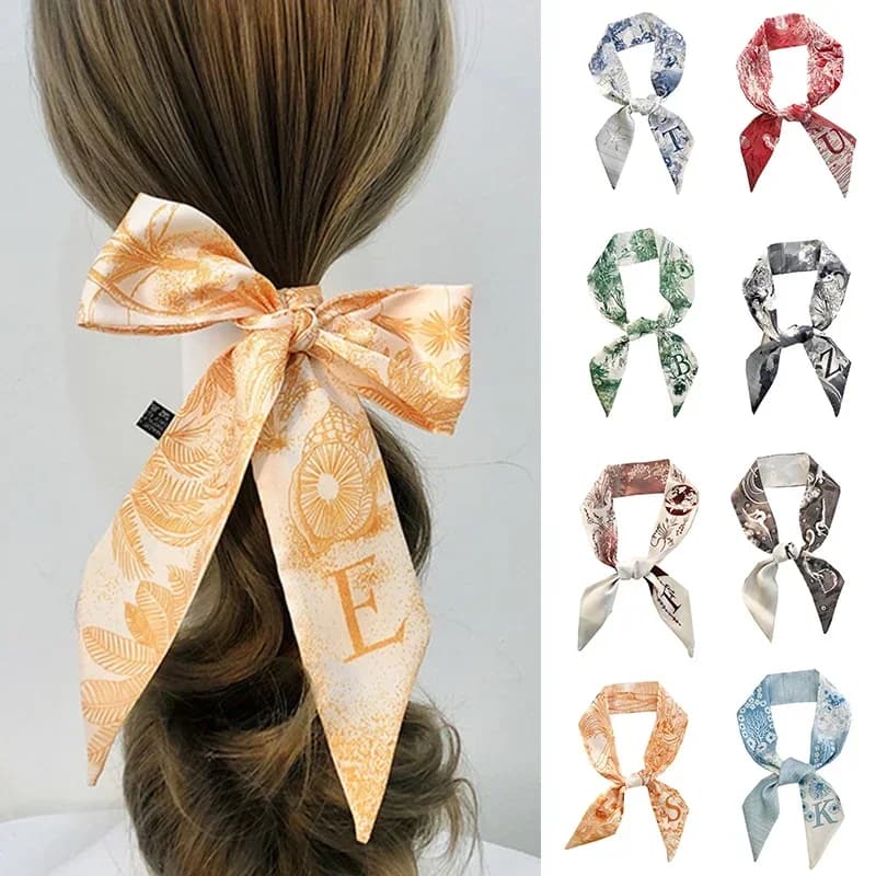 Sketch Style 26 Letters Silk Scarf Hair Band Women's Versatile Double-Sided Satin Scarf Model Temperament Fashion Ribbon Scarves