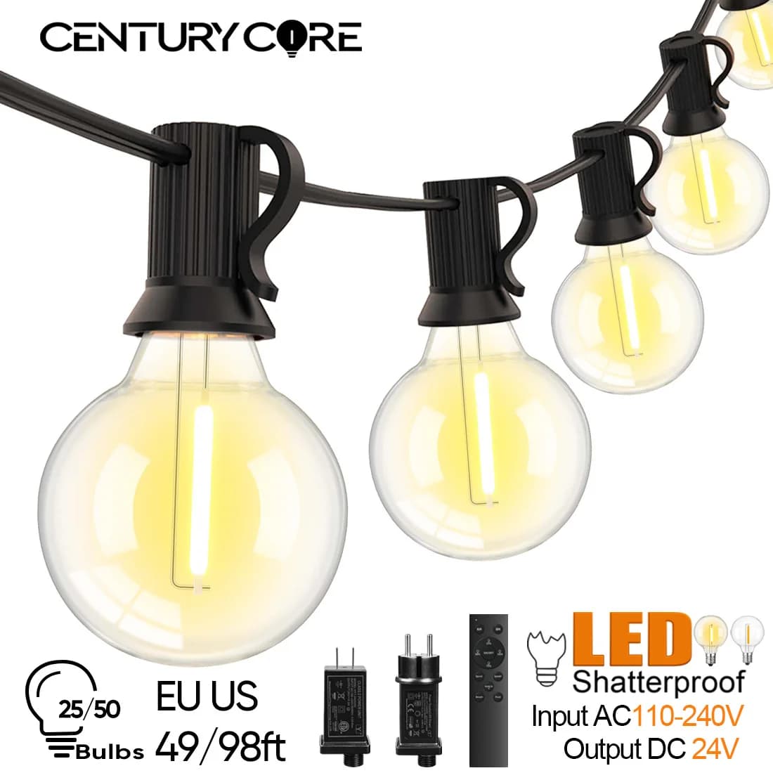 Luci a Stringa LED G40 15M 30M 24V con Telecomando Dimmerabile, Luci Impermeabili per Esterni per Decorazioni Matrimoni e Capodanno