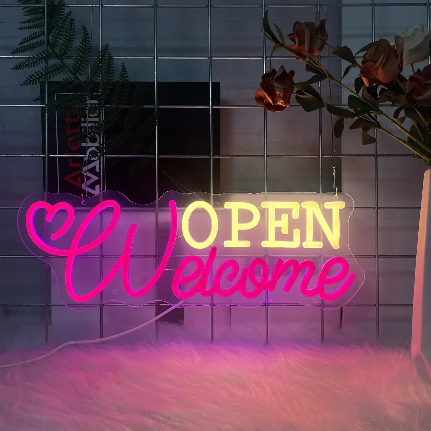 Insegna al Neon 'Benvenuto OPEN' con Cuore, Arte LED da Parete per Vetrine, Bar, Caffè, Decorazione Casa, Insegna di Benvenuto per Attività Commerciali, Luce al Neon, Regalo