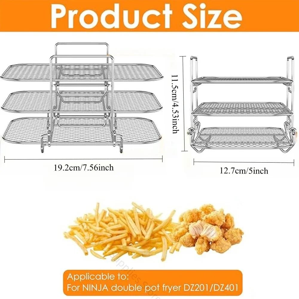 3 Layer Air Frying Grill Stainless Steel Barbecue Grill Stackable Steam Baking Grill for Ninja Double Basket Air Fryer Cooking Tools