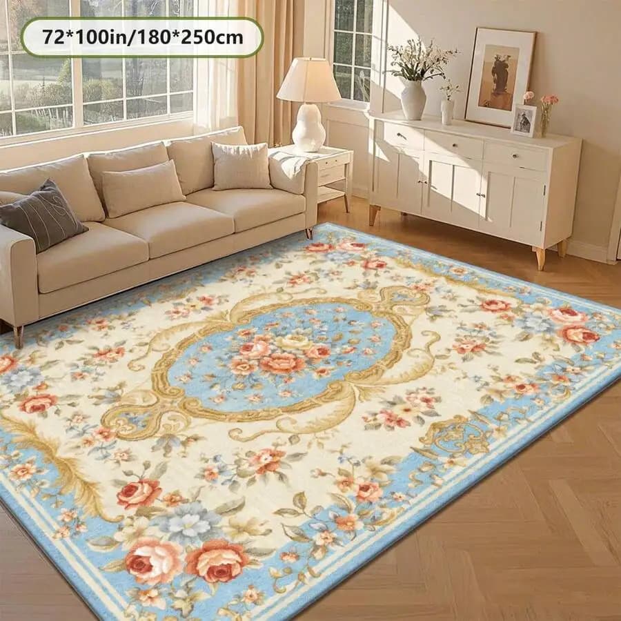 Vintage Floral Printed Area Rug Light Beige Background Blue Border Living Room Carpet Machine Washable