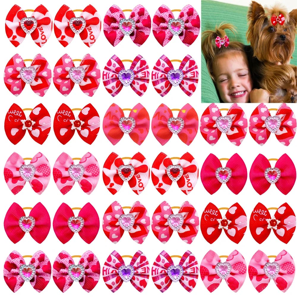 10/20/30PCS Dog Bows Heart Puppy Bows With Rubber Bands Valentine's Day Diamonds Dog Bows For Dogs Pet Grooming Accessories