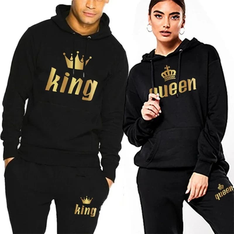 Uomo Donna Tuta King And Queen Lettera Stampa Felpa con cappuccio e pantaloni da jogging Tuta da jogging Abbigliamento sportivo Moda casual Abiti da coppia