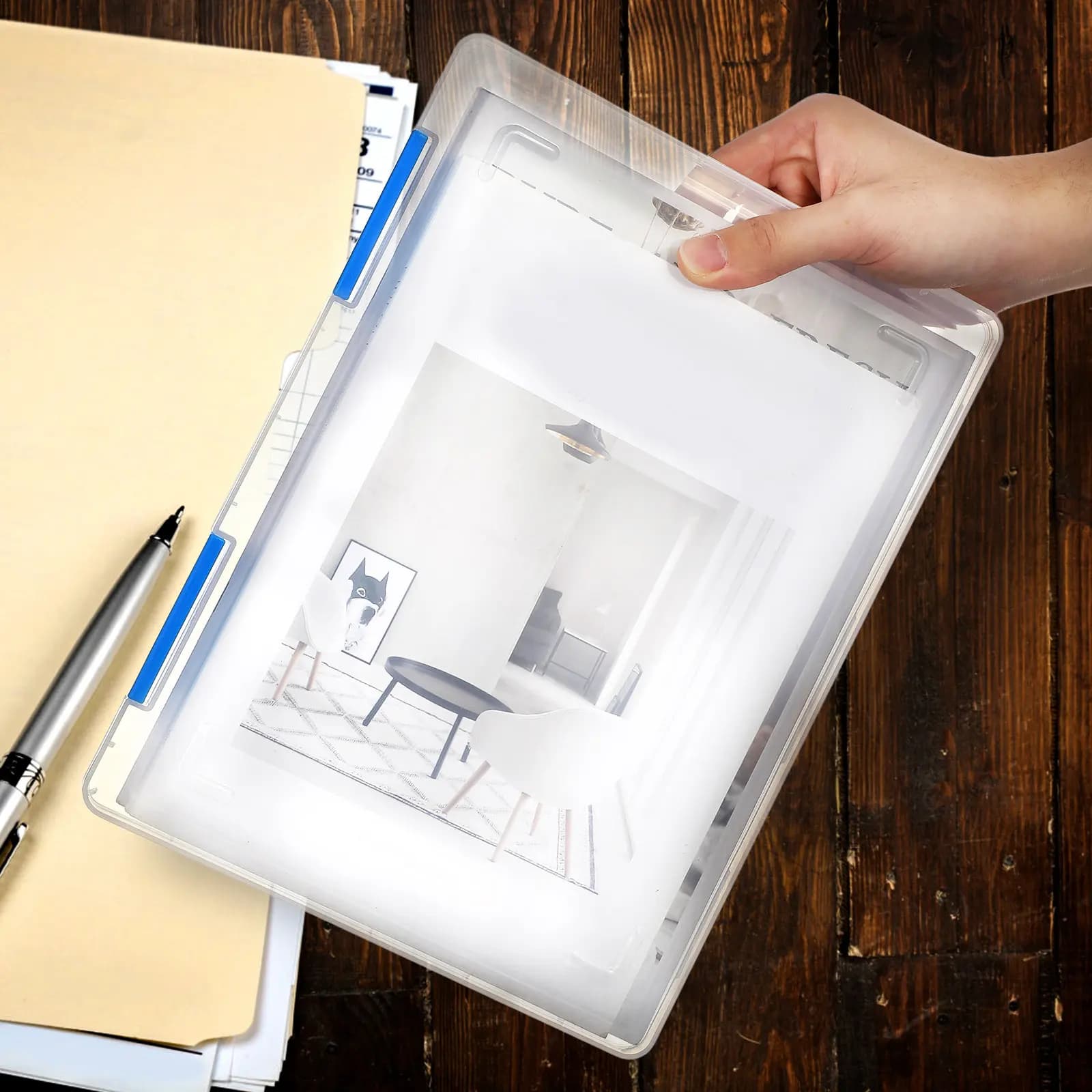 4 piece A4 paper holder box, transparent desk organizer for documents, receipts, photo, storage case with lid, office and school