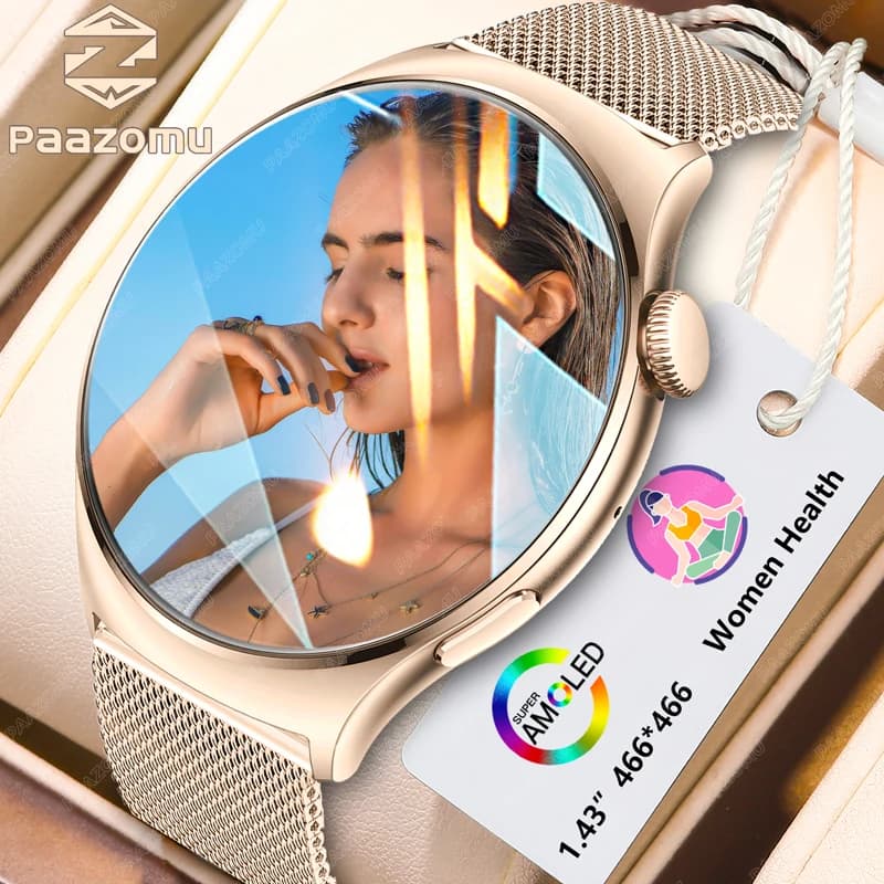 2025 AMOLED Smart Watch Ladies Screen Always Show Time 466*466 HD Health Tracker Women's Smartwatch Voice Calls for Android iOS