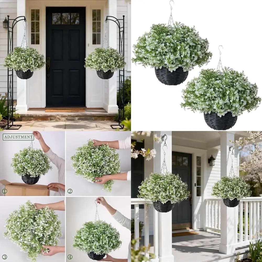 2 Artificial Bosso Plants in Suspended Baskets - Eucalyptus Leaves UV Rare Resistant for External Portico, Patio or Home Decorations (Bianco-G )