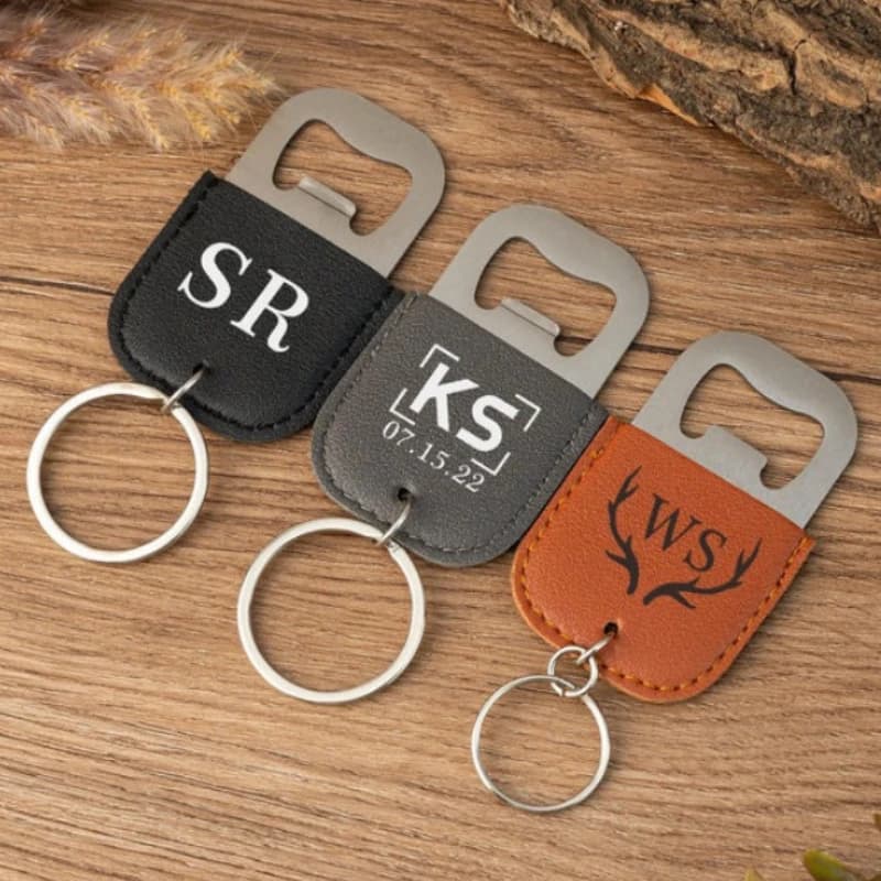 Leather Keyring with Stainless Steel Opening with Laser Engraving Custom Logo Beer Bottle Tools Car Keychain Custom Business Keychain
