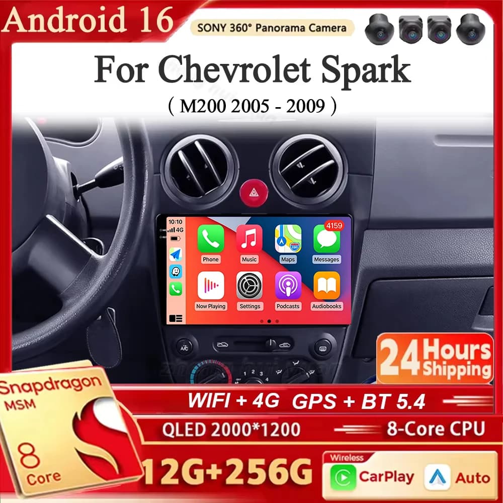 Autoradio Android 16 con Carplay e Auto, Navigazione, Lettore Multimediale Stereo QLED 4G per Chevrolet Spark M200 2005 - 2009