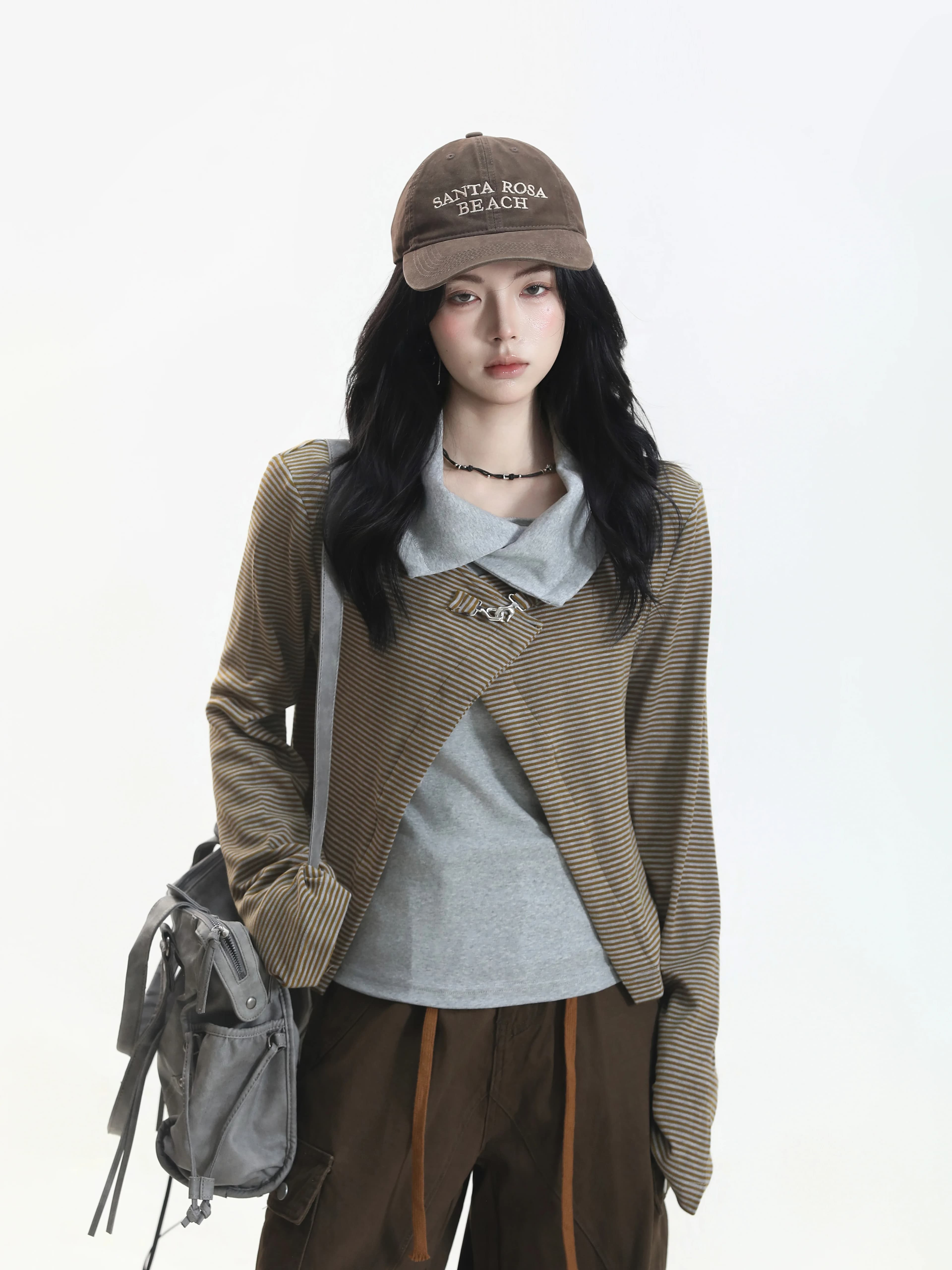 American Retro Long Sleeve Slim Fit T-Shirt Striped Color Block Cardigan Outerwear Casual Style for Ladies Breathable Comfort...