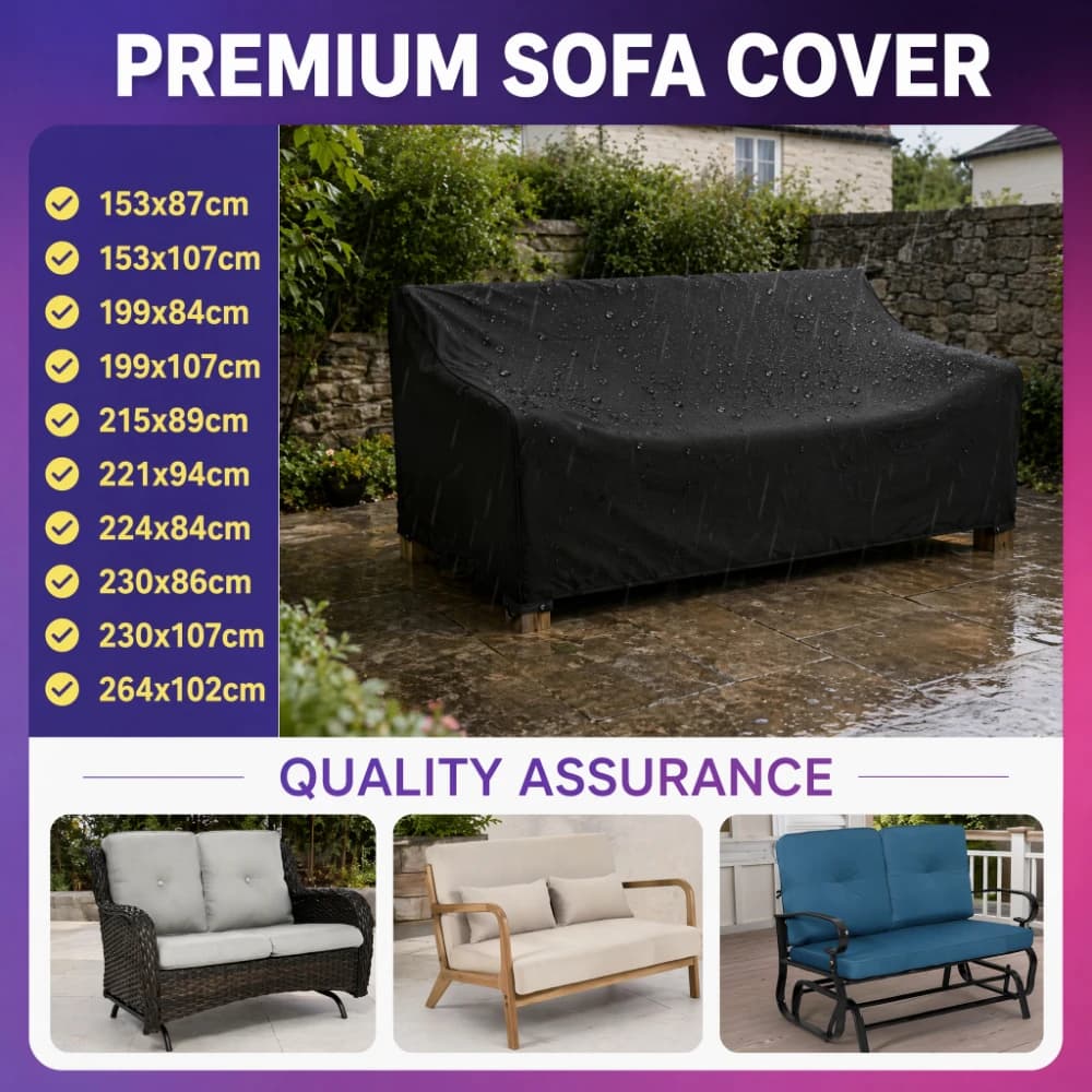 10 Size Heavy-Duty Outdoor Double Sofa Cover, All-Weather Terrace Furniture Protector with Fastening Straps & Windproof Cord