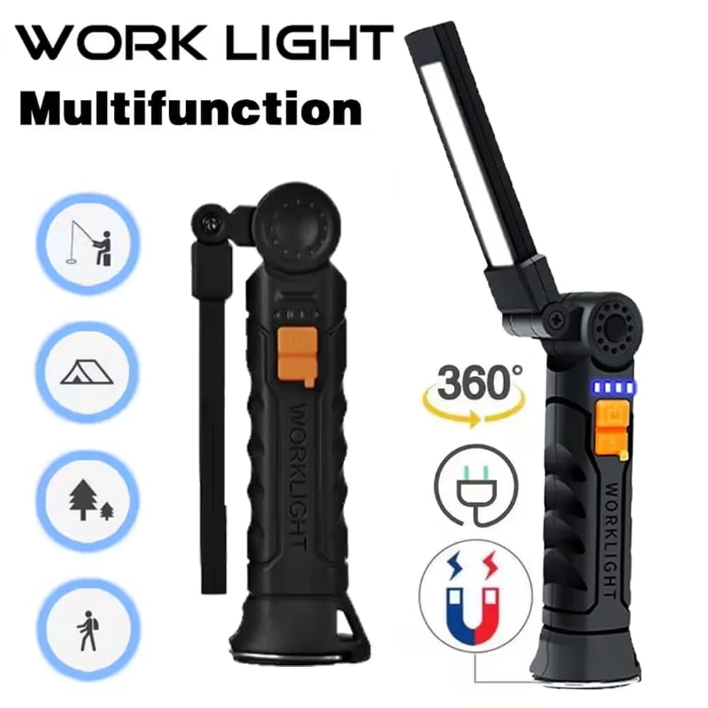 Portable LED COB Flashlight Rechargeable USB Flashlight with Magnetic Emergency Work Lamp with Built-in Battery for Outdoor Camping