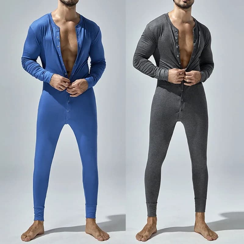 Pigiama intero da uomo 2026 casual tinta unita alla moda slim fit con bottoni, tuta sportiva da casa autunno inverno per adulti