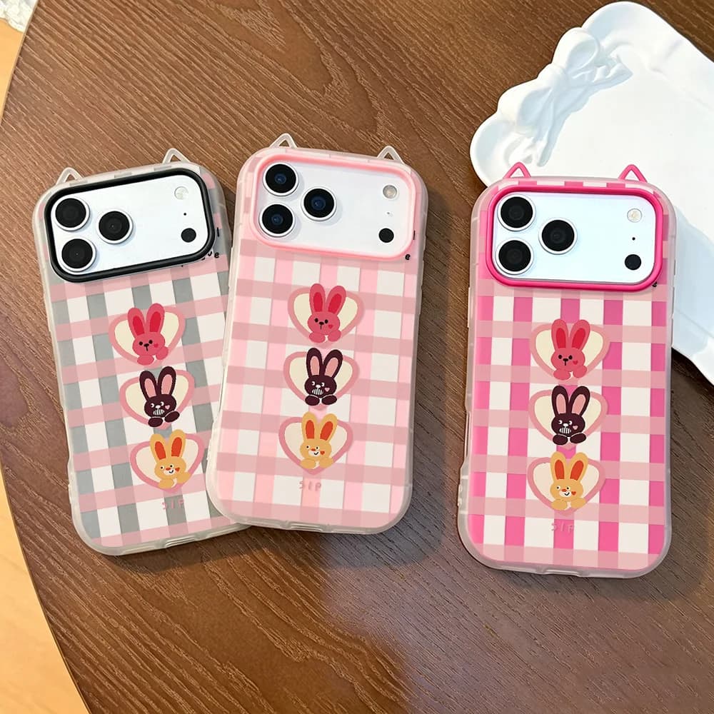 3D Cat Ear Design Phone Case for Apple iPhone 17 16 14 13 12 Pro Max 15 11 Cases 3-Color Bunnies In Heart Frames Capinha Fundas