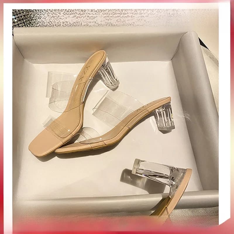 Translucent Summer High Heels Sheepskin Sandals Women mid Heel Fairy Style Slippers Rubber Outdoor Wear Thick Heel