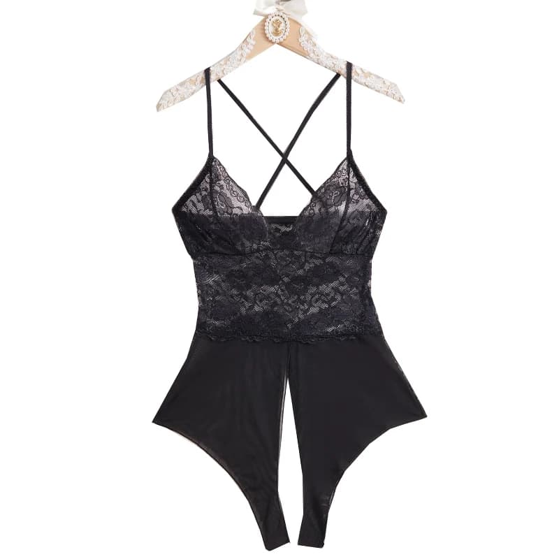 Transparent Black Lace One-piece Backless Pajamas Sexy Lingerie For Women Crotchless Bodysuit Deep V Underwear Erotic Costumes