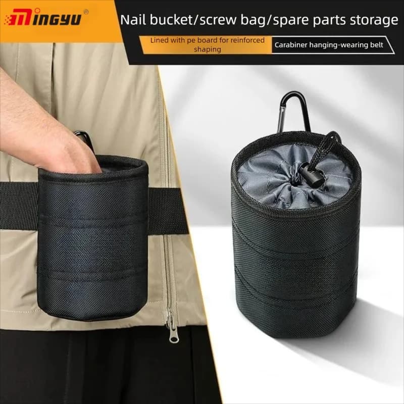 Tool Pouch Bucket Bag Oxford Cloth Hardware Screw Nail Storage Holder With Carabiner Belt Loop PE Lining Drawstring Pocket