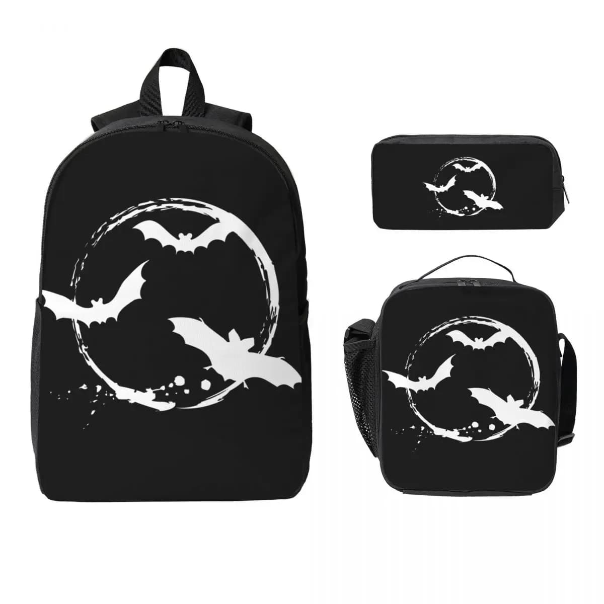Halloween Bats With White Moon Backpack Boys Girls BookBag School Bag Computer Shoulder Bags 3ps Insulated Lunch Bag Pencil Case