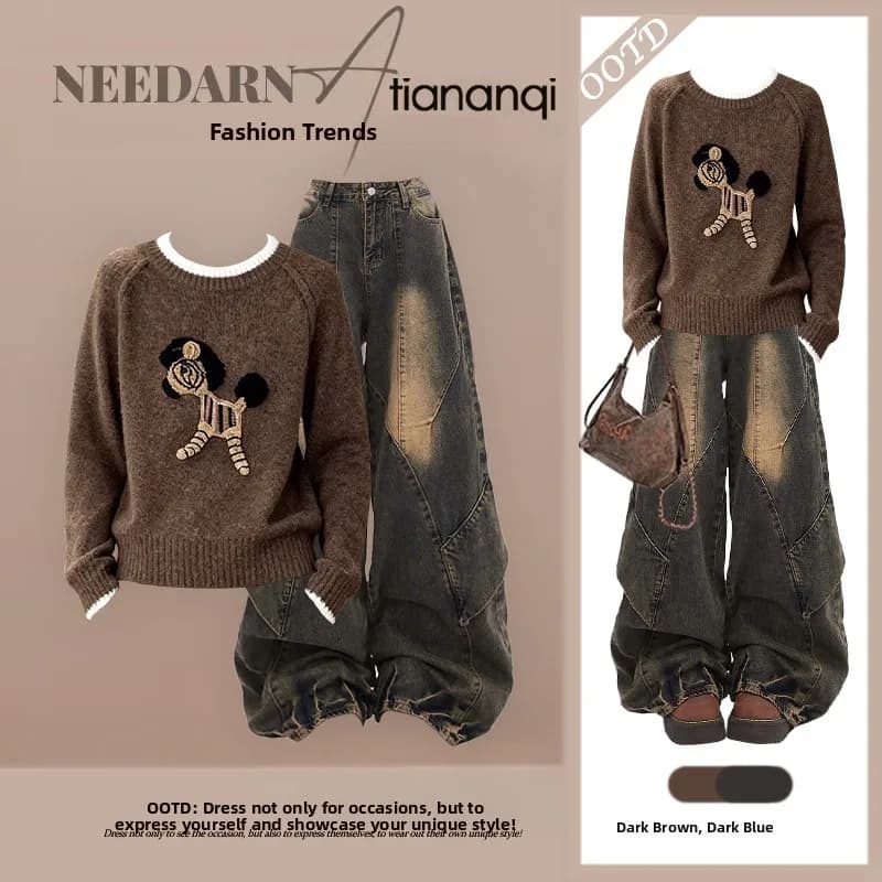 2026 Autumn Winter New round Neck Knitted Sweater Cartoon Design with Jeans Two Piece Set Women's Fashion Comfortable C...