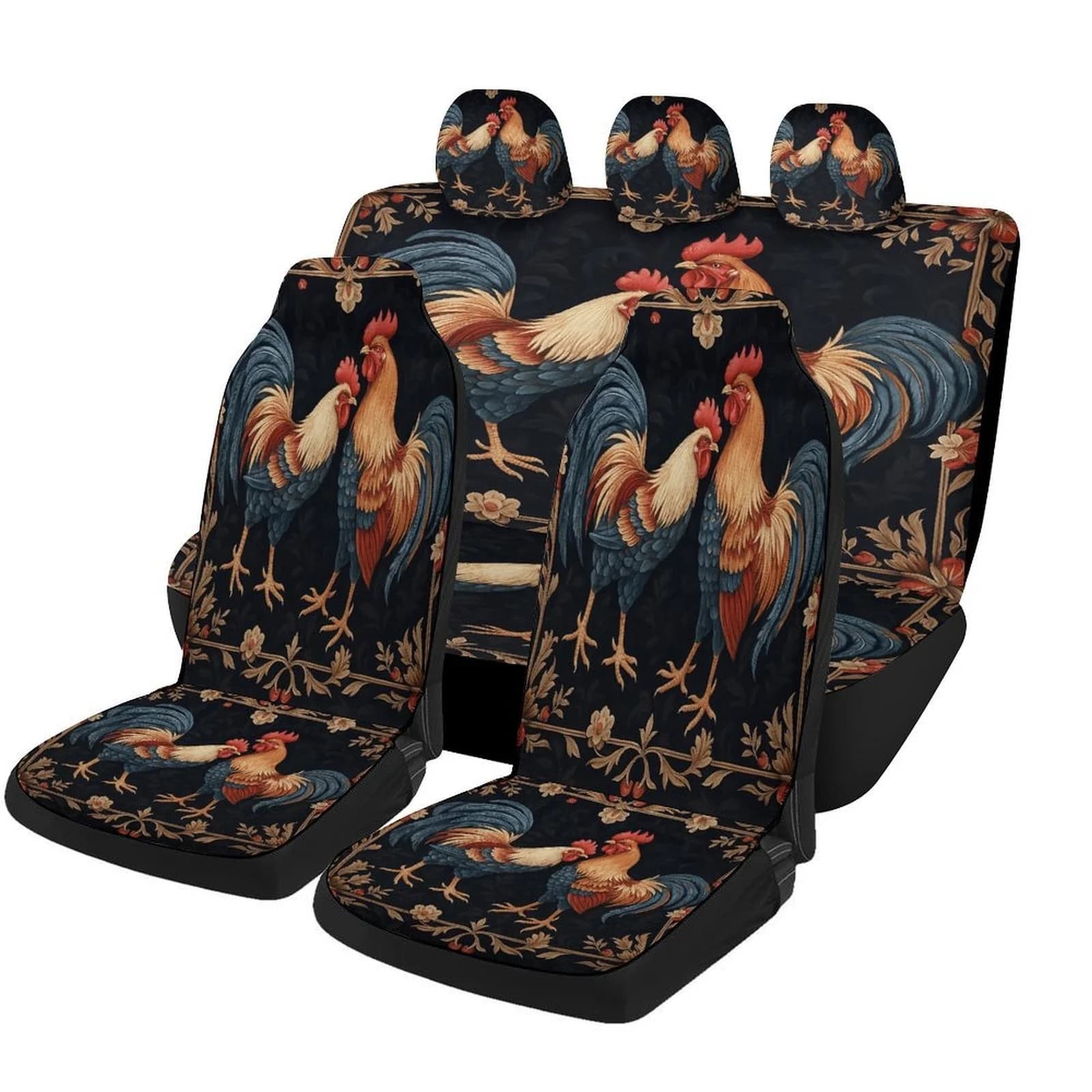 Set Of Decorative Car Seat Covers Featuring Ornate Roosters, Suitable For Most Vehicles. This High-Quality Full Set Includes Uni