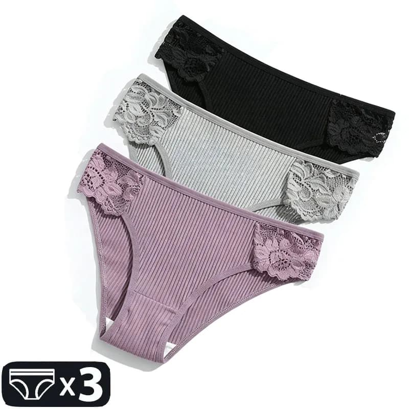 3 Pezzi di Intimo Femminile in Cotone, Slip Sexy con Pizzo, Mutandine da Donna in Tinta Unita, Traspiranti e Morbide, Lingerie per Signore