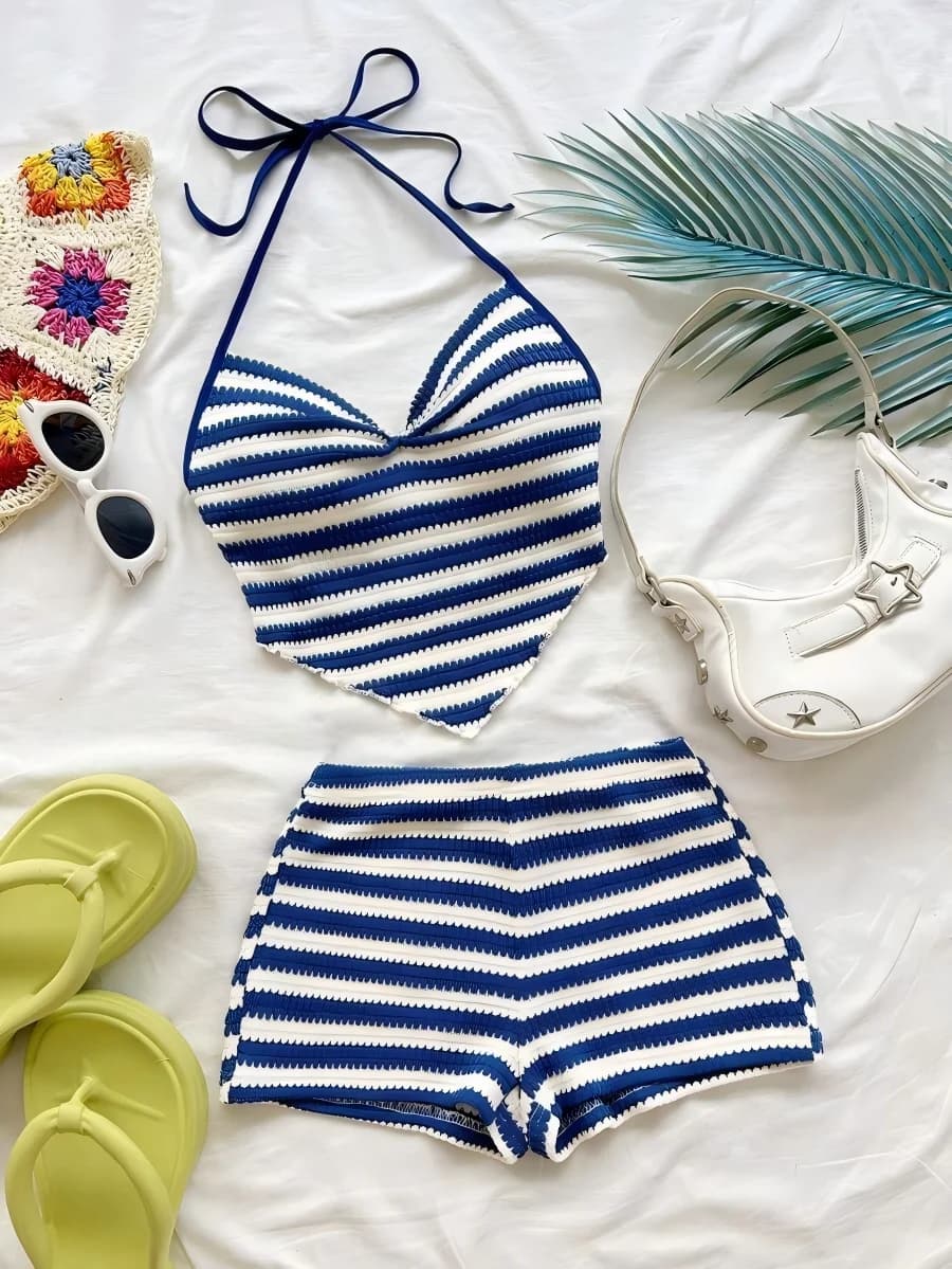 Spring/Summer New Casual Beach-Style Western Dress Elegant Bohemian Tropical Color Stripe Thin Strap Bikini Two-Piece Set