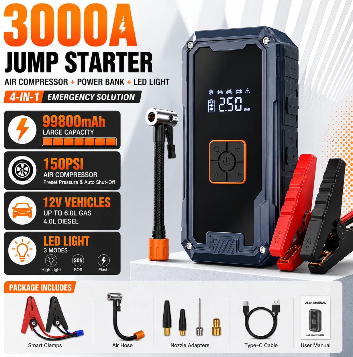 3000A Jump Starter with Air Compressor 150PSI Tire Inflator Portable Power Bank LED Light for 12V Car SUV Motorcycle Truck