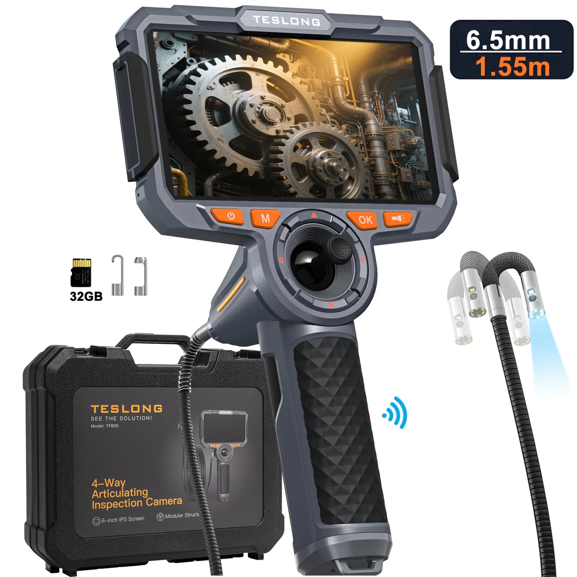 Teslungo TF600 360 ° Periscope articulated joystick control 4 way joystick screen 6 inch IPS 1080P double lens WIFI inspection camera 6,5 mm