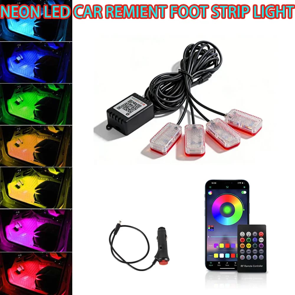 RGB Neon LED Foot Light For Car Interior APP Remote Music Rhythm Auto Ambient Decorative Strip Lamp