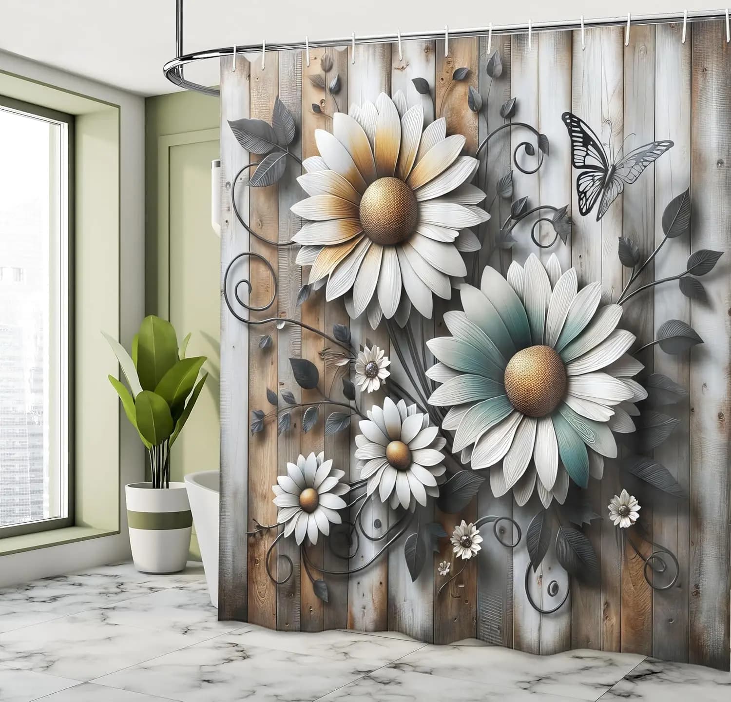 Tenda da doccia vintage, fiori di camomilla in fiore e turbinii su sfondo rustico in legno grunge, bagno in tessuto di stoffa