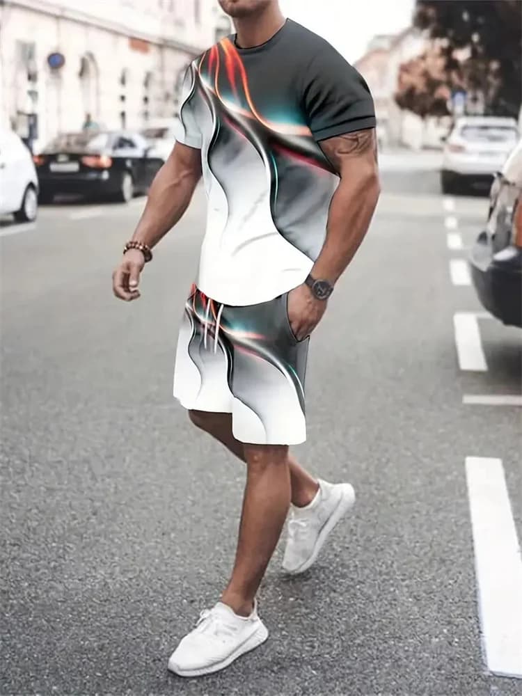 Men Women Gradient Texture T-shirt Two-piece Suit Short 3D Print Street Casual Sportswear Summer Style Fitness Running Clothing