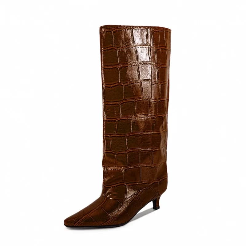 Large calf boots with kitten heel, slouchy high knee boots with comfortable fit, spacious design to oversize calf for women's winter autumn dresses