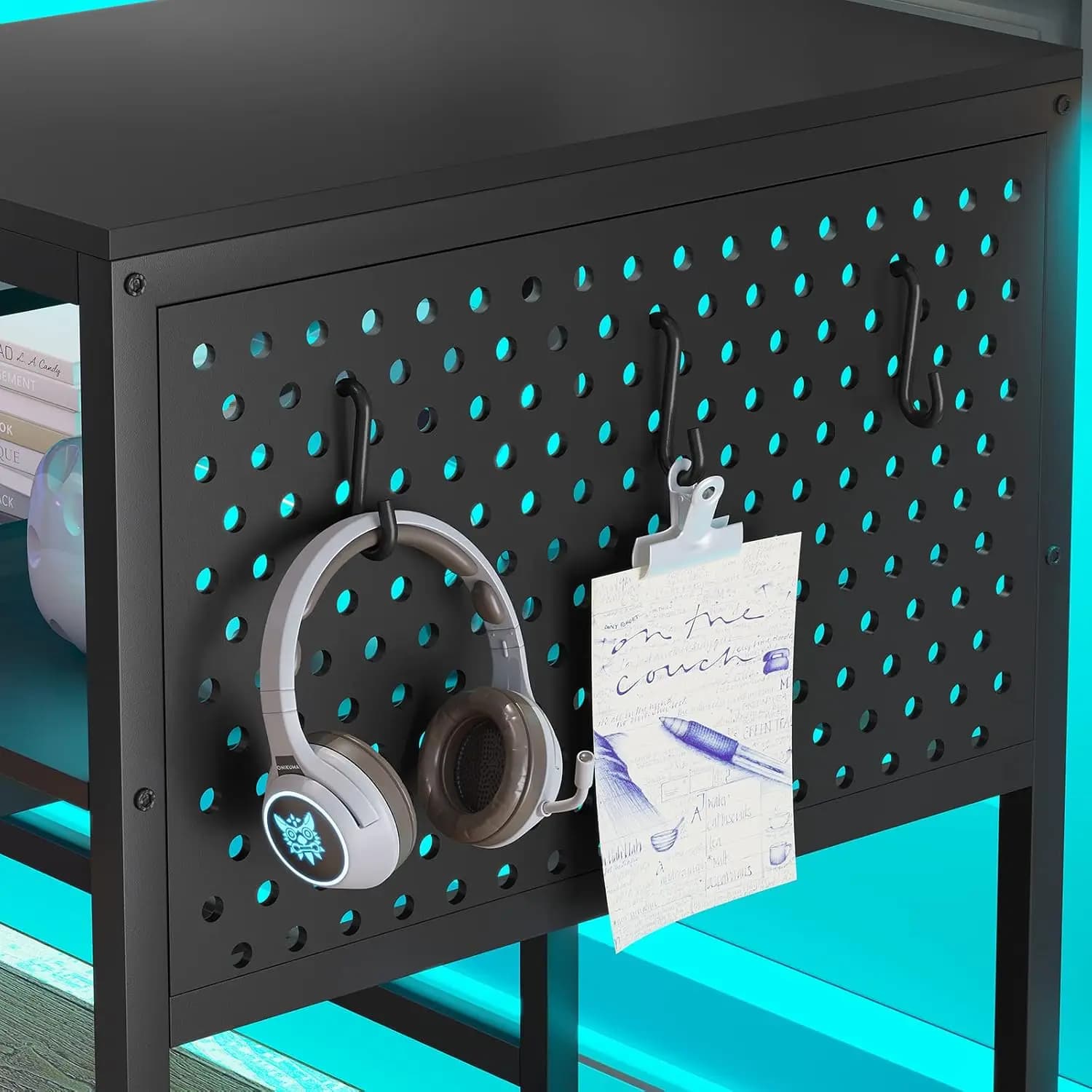 L Shaped Gaming Desk with Power Outlets & LED Light, Monitor Stand, Keyboard Tray, Pegboard & Storage Shelves, Black, Customized