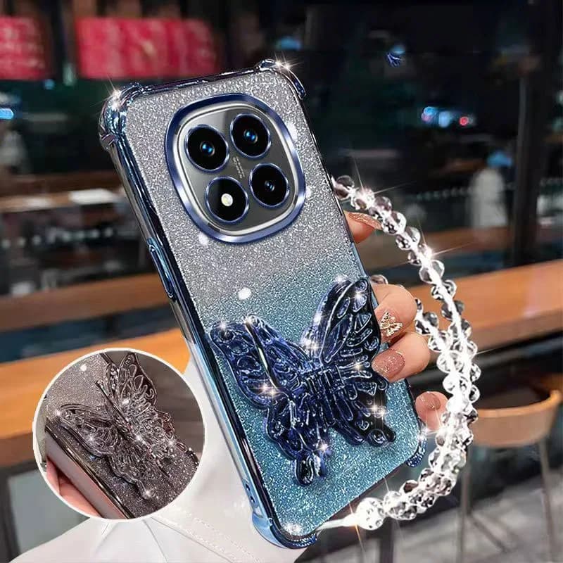 Custodia antiurto con placcatura glitterata per Xiaomi Redmi Note 14 Pro Plus 14S 14C 4G 5G Supporto per telefono con farfalla Bracciale con perline Cover posteriore