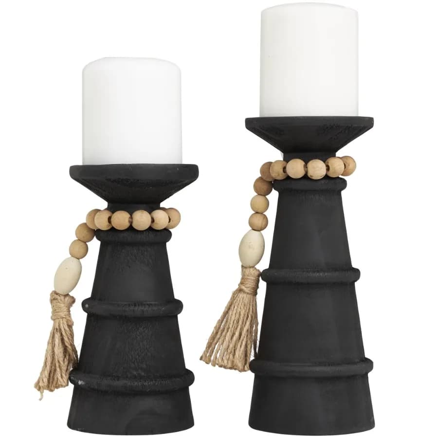 2 Candle Black Wood Handmade Textured Matte Candle Holder with Beaded Garland Accent Set of 2