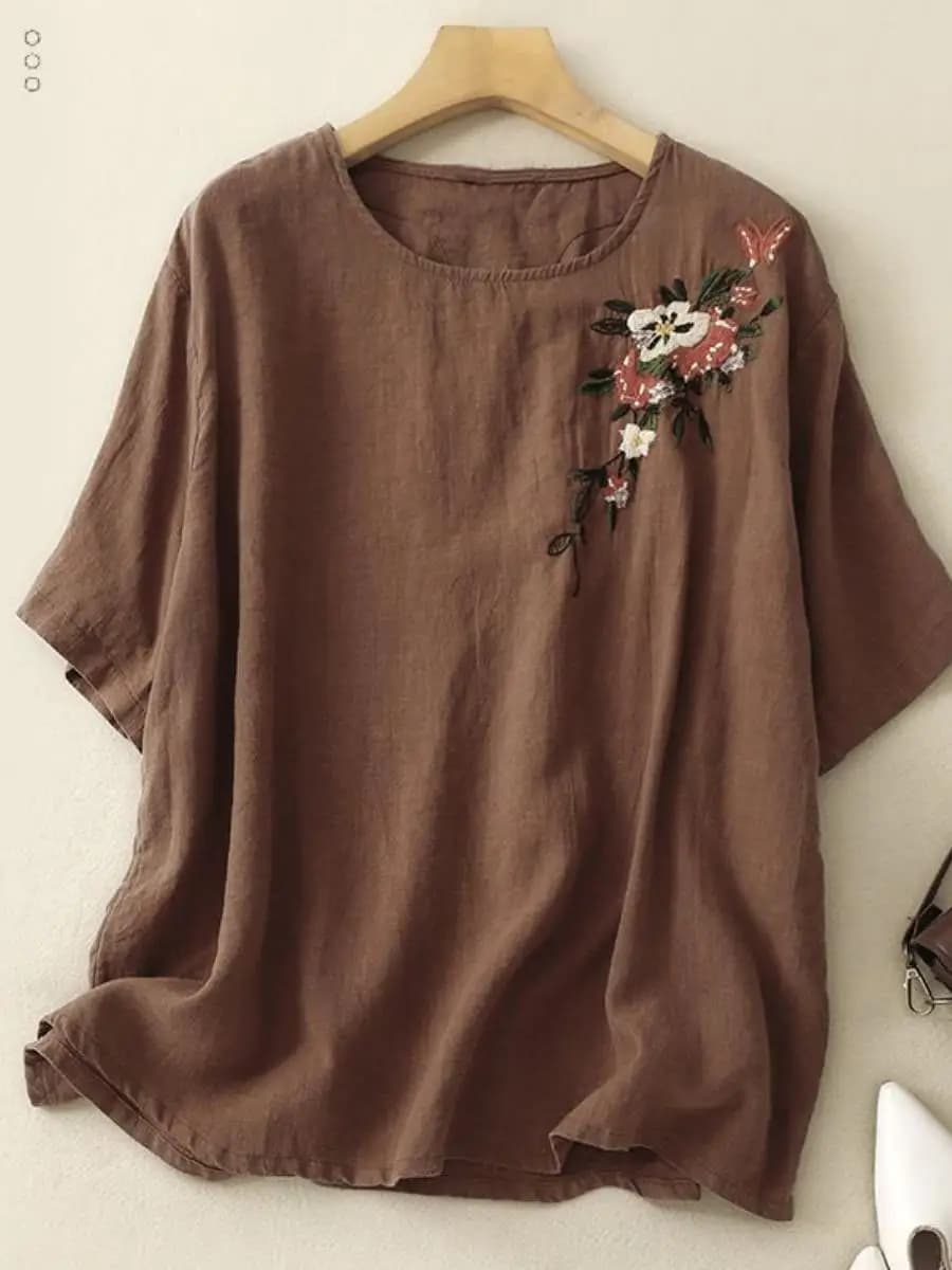 Elegant Embroidered Cotton Linen Short Sleeve T-Shirt Loose Fit Thin Style Versatile Slimming Summer Top for Women