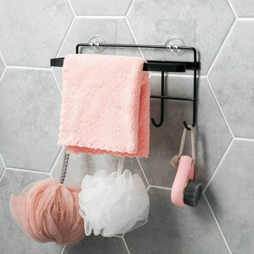 Punch-Free Over-Cabinet Wall Mount Storage Rack with 5 Hooks Heavy-Duty Towel Bar for Kitchen Bathroom Cabinet Door Tile Glass