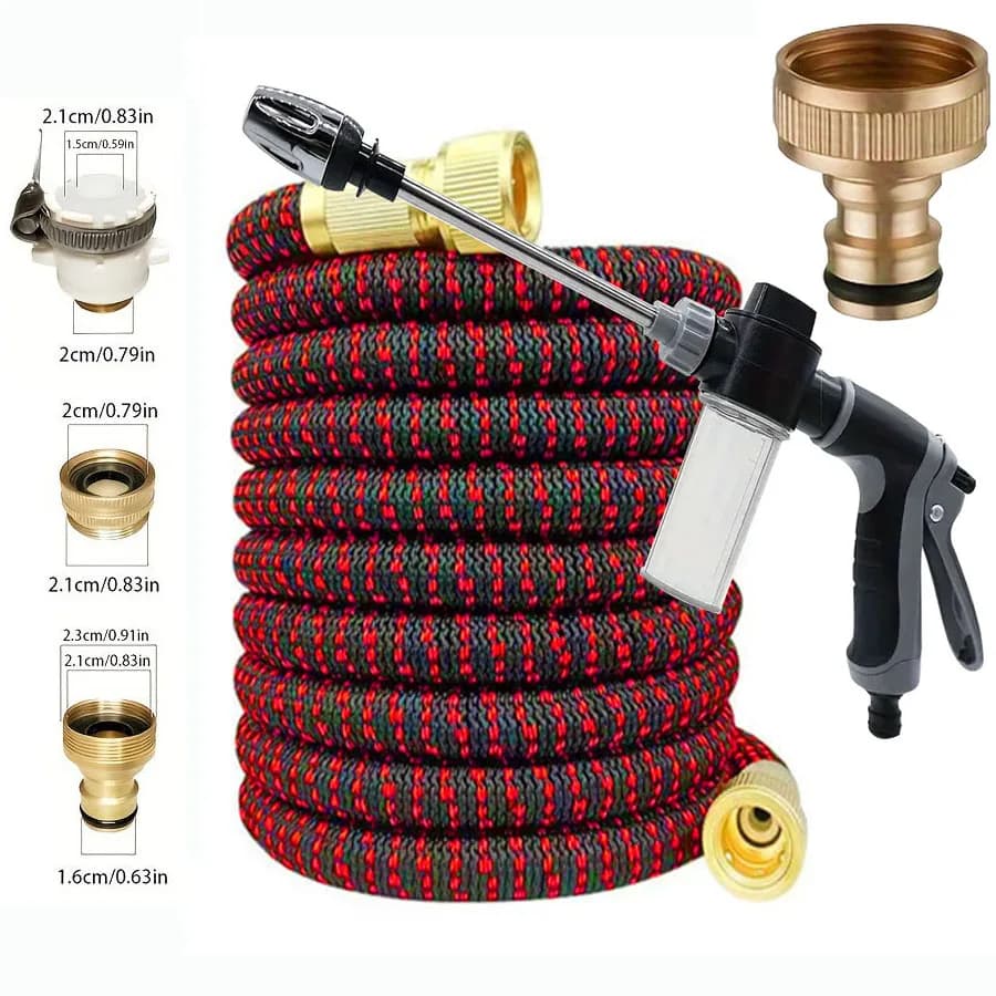 High pressure expandable garden pipe, 25 to 100 feet long, used for car washing, gardening and agricultural irrigation.