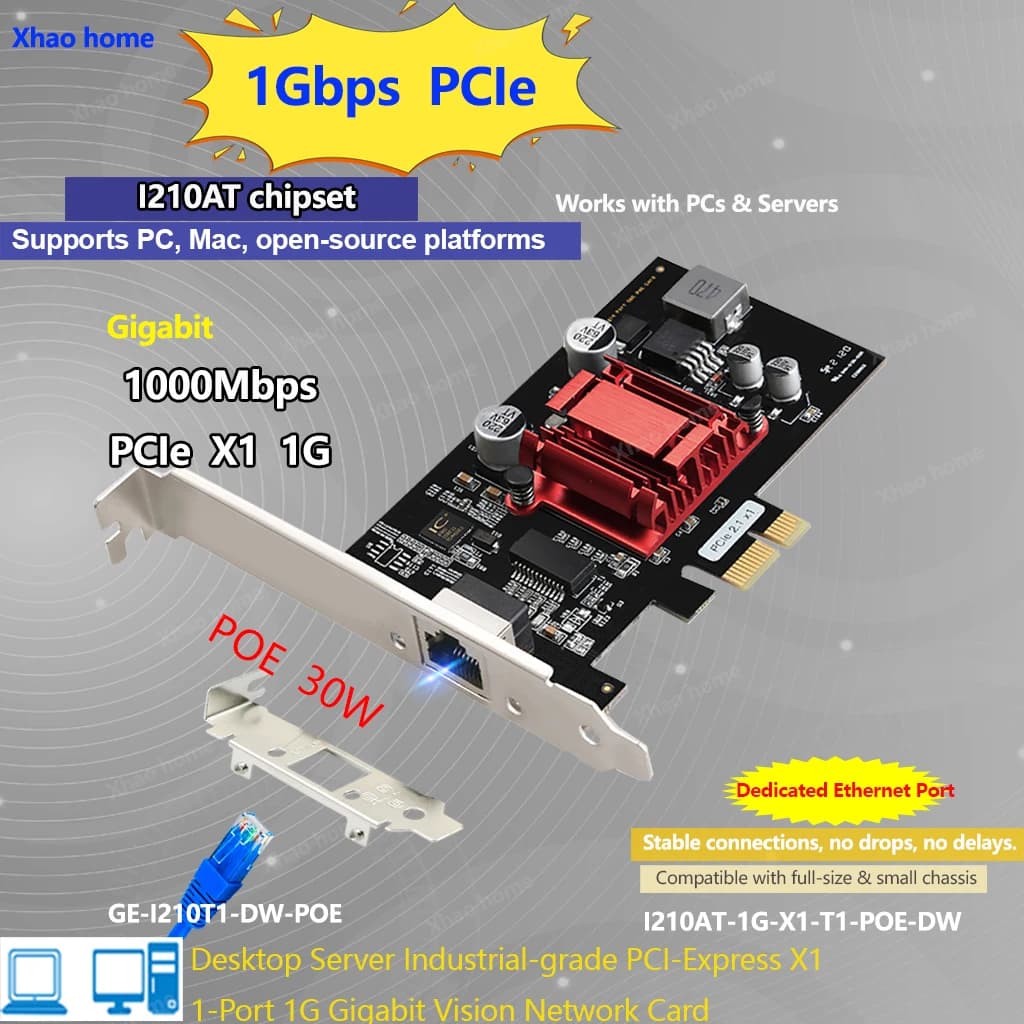 I210 PCI-E POE Gigabit Ethernet RJ45 card for camera/industrial vision acquisition, power on Ethernet, desktop/server 1000 Mbps