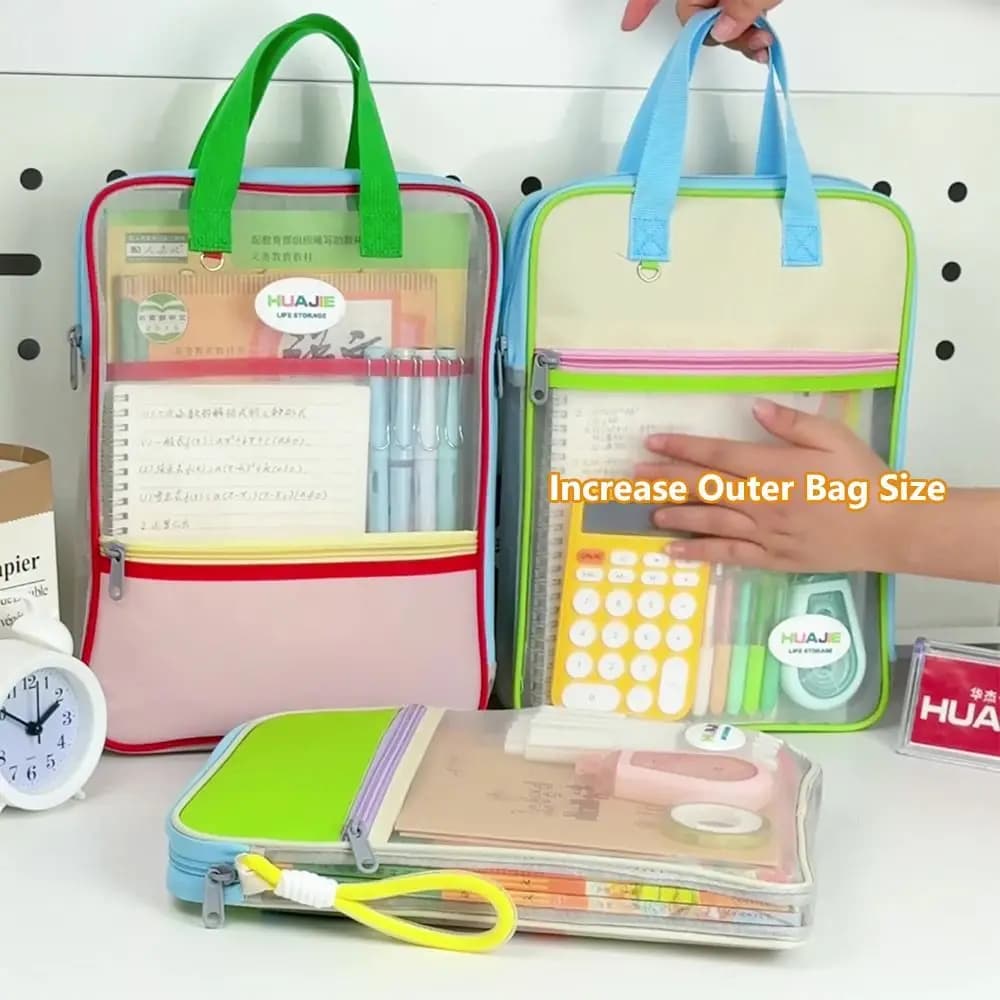Simple L-shape Large Opening File Bag Transparent Handheld Mesh Folder Zipper Storage Bag Students