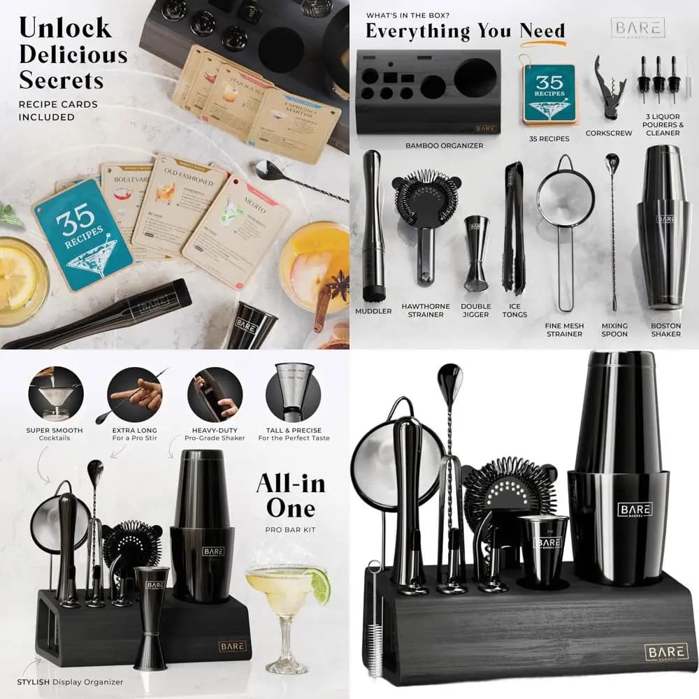 Kit da cocktail da 14 pezzi con 35 ricette | Set da barista domestico | Shaker Boston da 28 once | Jet Black