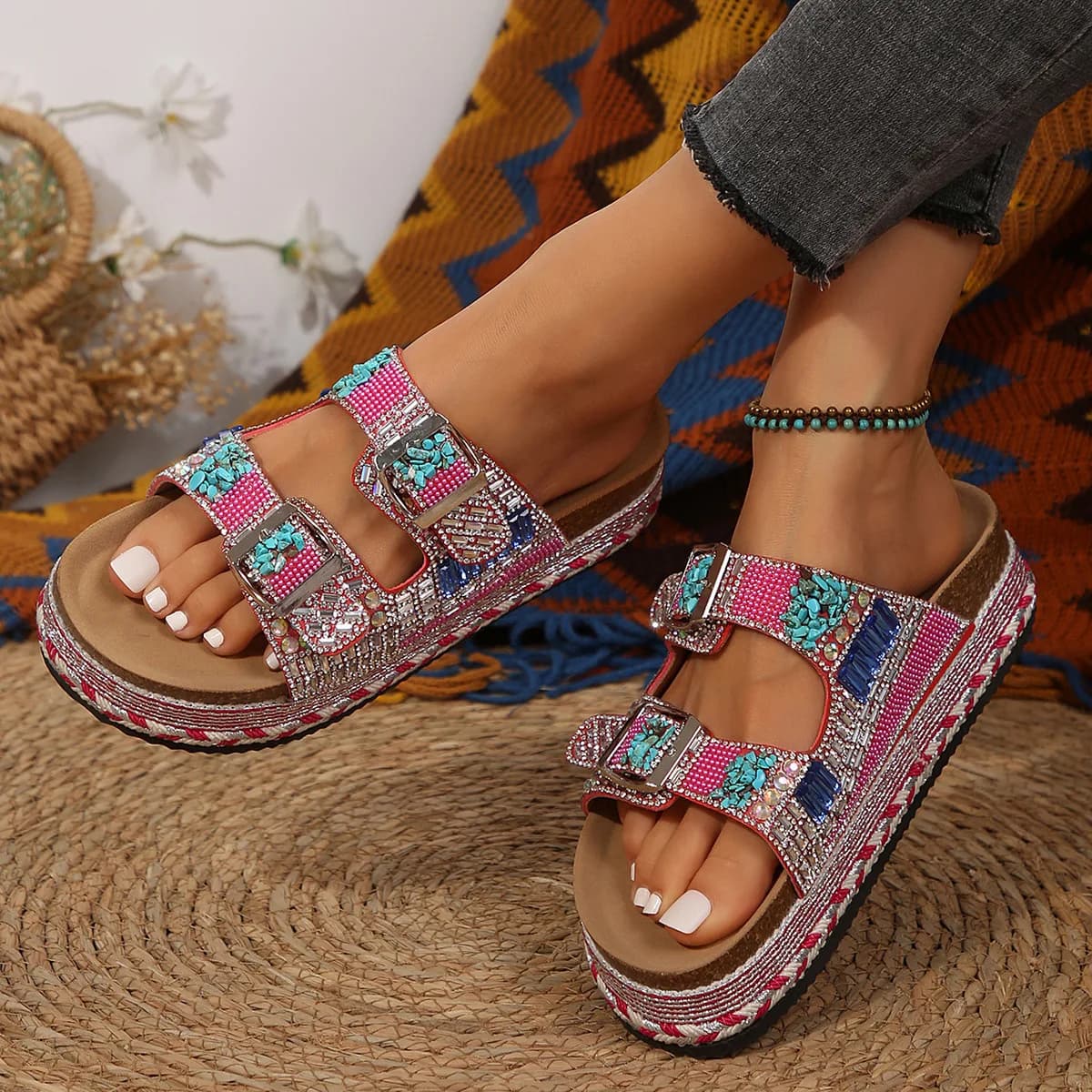 Fashion Slip on Double Buckle Rhinestone Sandals Women Bohemian Summer Flat Slippers Open Toe Thick-soled Vacation Beach Shoes