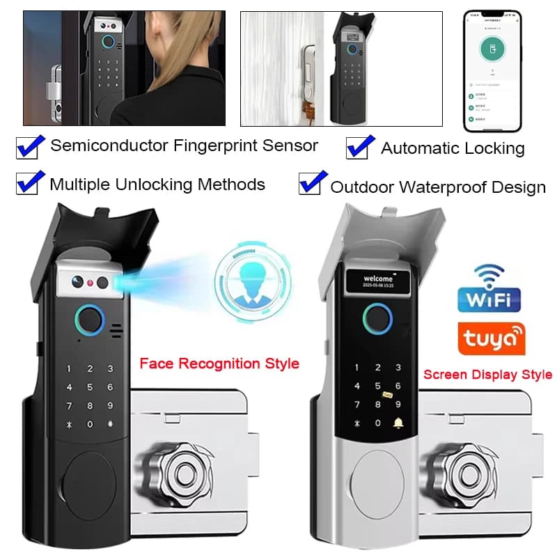 Serratura Intelligente Tuya Wifi con Impronta Digitale, Impermeabile, Citofono, Riconoscimento Facciale, Codice, Carta RFID, Antifurto con Campanello