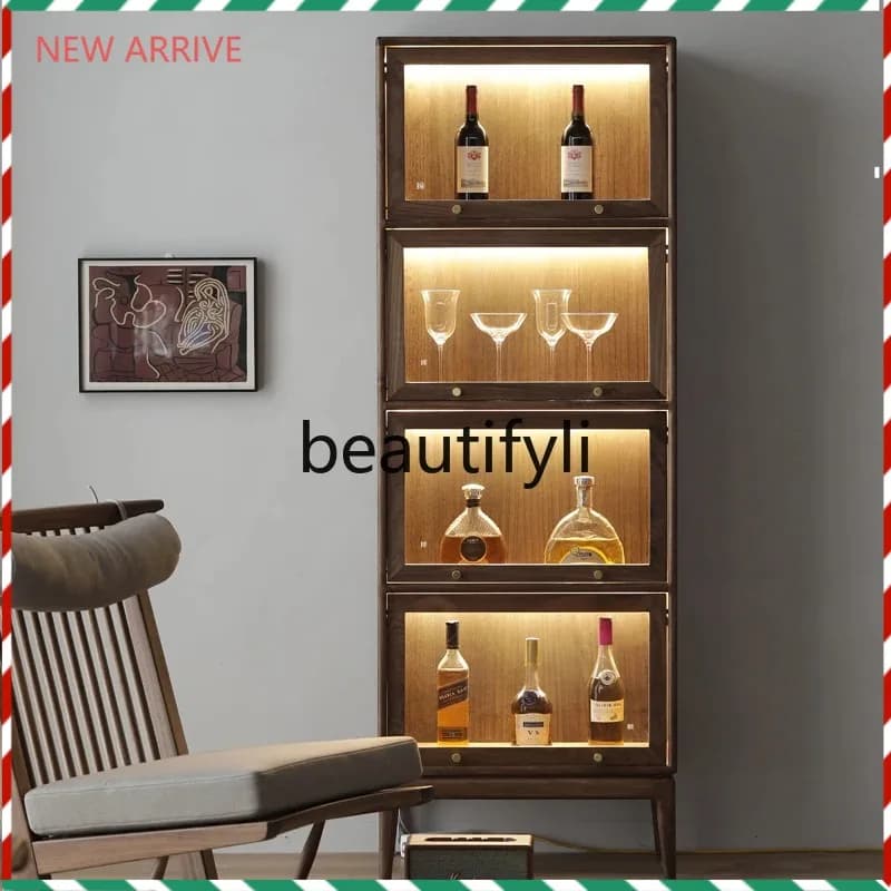 D2520 Vetrina per vino in legno di noce nero, vetrina in vetro, parete del soggiorno con armadietto per lampade