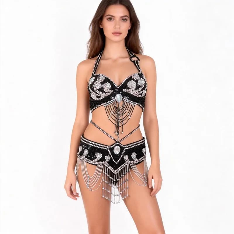 Black Professional Belly Dance Tribal Costume Punk Antique Bronze Beads Metal Chain Bra and Belt