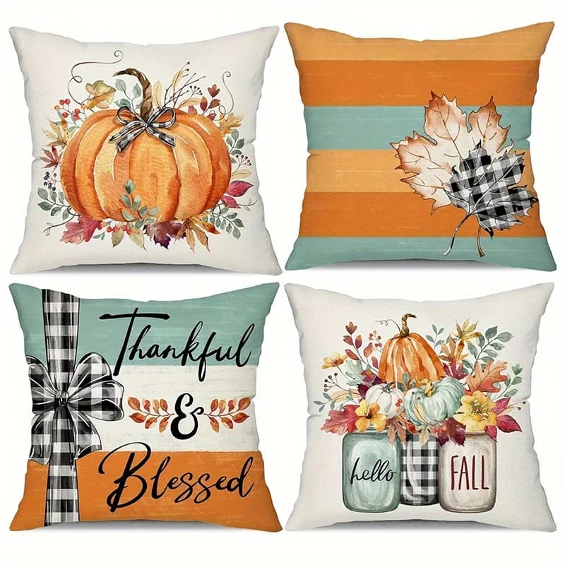 Home Decor Autumn-themed Patterns: Pumpkins & Fall Words Pattern Cushion Cover Suitable for Sofa Bedroom Car Pillow Cover