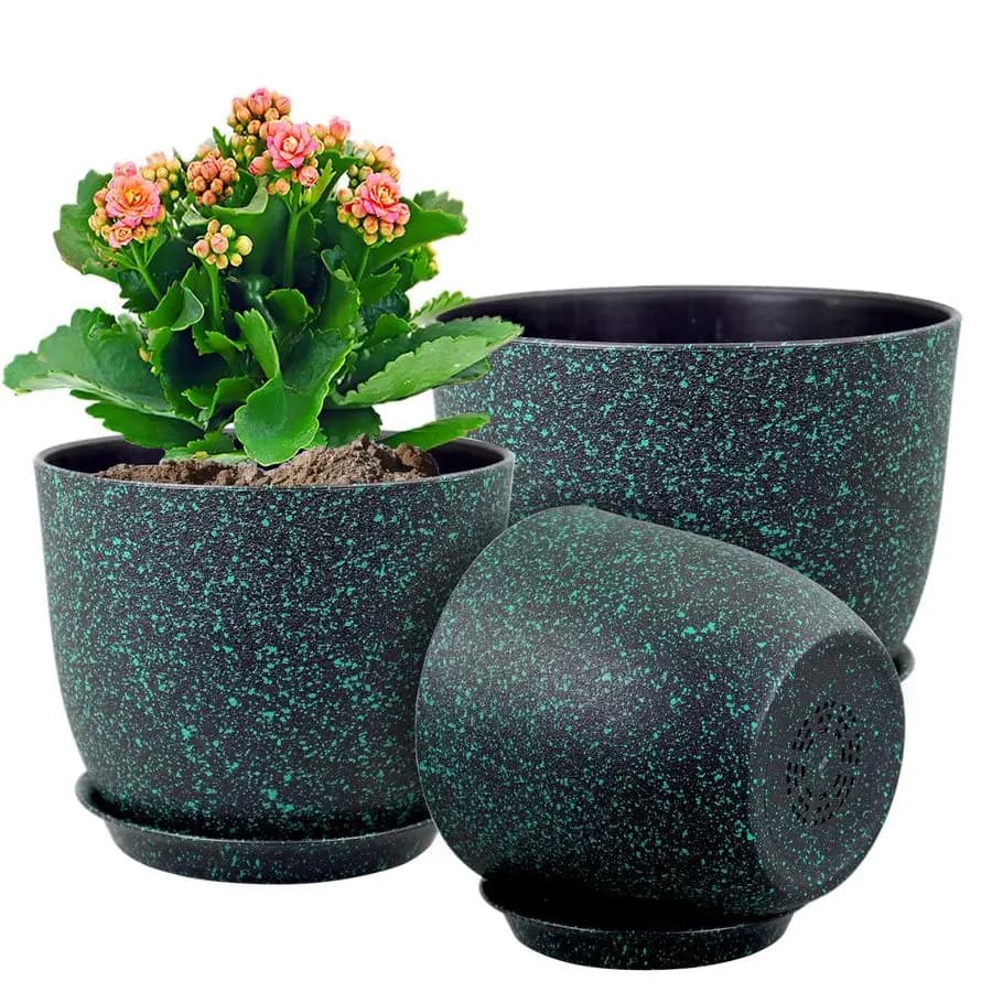 Large Jars for Flowers 12 10 9 Inches, Set of 3 Decorative Planters in Plastic with Draining Holes and Underlays for Garden Plants and Interior