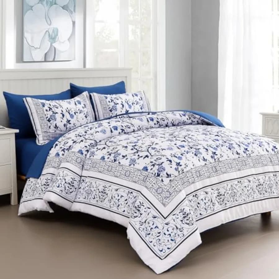 Set Copripiumino Floreale con Fiori su Sfondo Bianco, Set Biancheria da Letto Botanica 7 Pezzi, Set Copripiumino in Microfibra Morbida