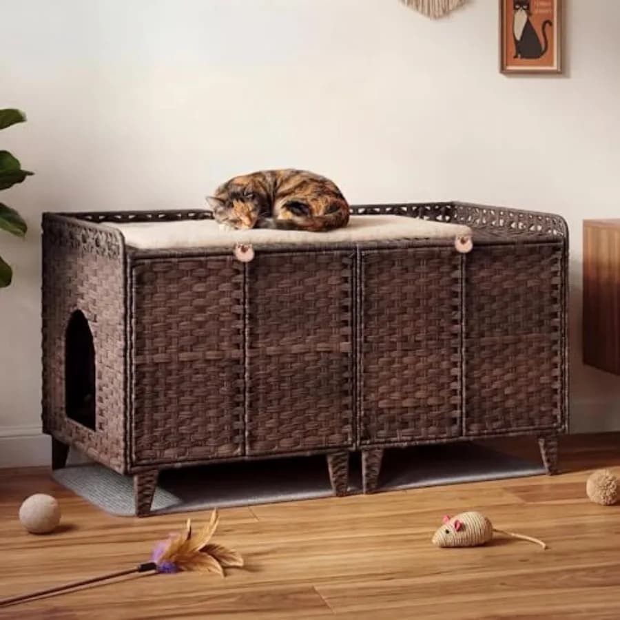 Mobiletto Doppio per Lettiera per 2 Gatti in Rattan, Arredo Nascosto con Tappetino Lettiera, 2 Ganci e Porte, Cuccia Grande per 2 Gatti