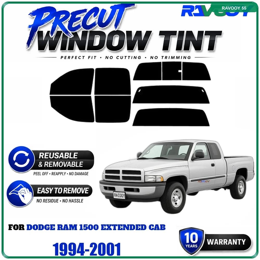 RAVOOY Precut Window Tint, Reusable Removable EPU Film, Custom Fit for Dodge Ram 1500 Extended Cab 1994-2001, UV Heat Protection